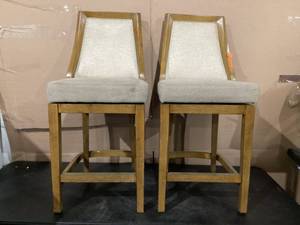 Set of 2 Maven Lane Vienna Bar Stool in Weathered Oak Finish w Sand Color Fabric Upholstery, Measures 40.5 x 18