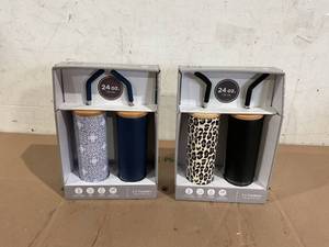 LOT OF 2 Members Mark 24-oz Stainless Steel Insulated Tumblers With Wood Lids And Stainless Steel Straws