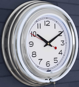Trademark Gameroom (White Neon Wall Clock-14� Round, Double Light Ring, Dual Power, Analog