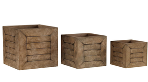 Pure Garden Fiber Clay Planters - 3-Piece Varying Height Square Wood Look Pot Set with Drainage Holes for Herbs, Plants, or Flowers