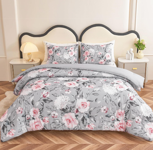 3PCS Queen Size Floral Bedding Sets with Pink Flowers and Leaves Pattern