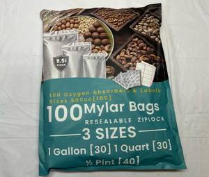 lot 437 image: 100 Mylar Bags(3 sizes), Oxygen Absorbers & Labels