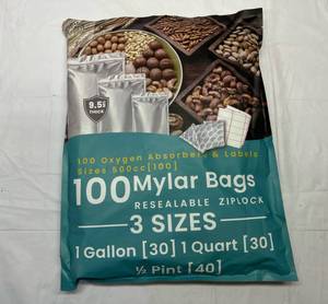 lot 438 image: 100 Mylar Bags(3 sizes), Oxygen Absorbers & Labels