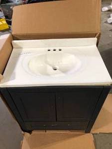 Home Decorators Collection Clady 31 in. W x 19 in. D x 35 in. H Single Sink Bath Vanity in Deep Blue with Silver Ash Cultured Marble Top Damaged Customer Returns See Pictures