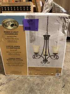 Hampton Bay Essex 3-Light Aged Black Chandelier with Tea Stained Glass Shades     Customer Returns See Pictures