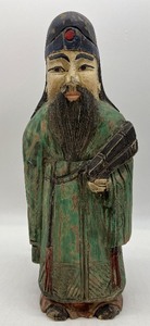lot 11 image: Vintage Hand Carved & Painted Wood Chinese God of Luck Figurine