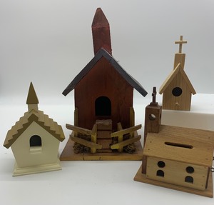 lot 161 image: WOOD BIRD HOUSES including Church Birdhouse and Church Bank - QTY 4