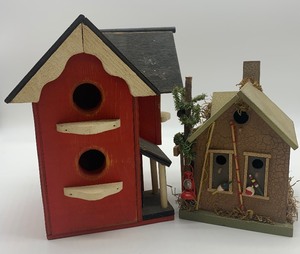 lot 162 image: WOOD BIRD HOUSES including Cabin Tweet Cabin - QTY 2