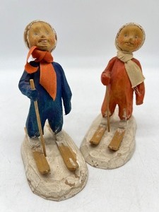 lot 217 image: Pair Artisan Hand Carved Wood Skiers - Unsigned