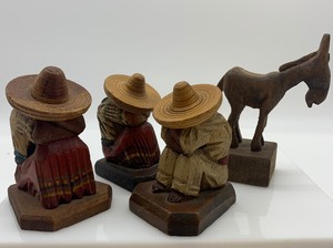 lot 252 image: VINTAGE VINTAGE Hand Carved Wood Figurines - Set of 4 including Mexican Siesta and More
