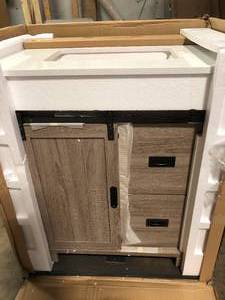 Glacier Bay Brindley 30 in. W x 20 in. D x 35 in. H Single Sink Freestanding Bath Vanity Weathered Gray wWhite Engineered Stone Top   Customer Returns See Pictures