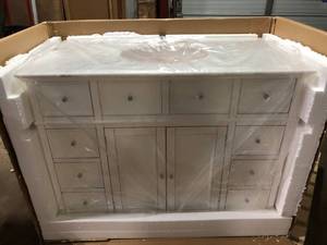 Home Decorators Collection Hampton Harbor 44 in. W x 22 in. D x 35 in. H Single Sink Freestanding Bath Vanity in White with White Marble Top   Customer Returns See Pictures