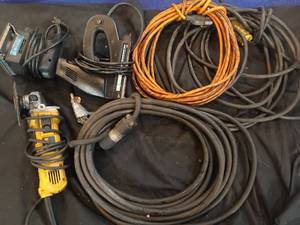 Various Shop Tools - Extension Cords, Sander, Electric Stapler, Angle Grinder