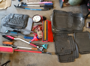 Emergency Roadside Items - Large Lot of Ice Scrapers, Safety Triangles, Jumper Cables, & Floor Mats, More...