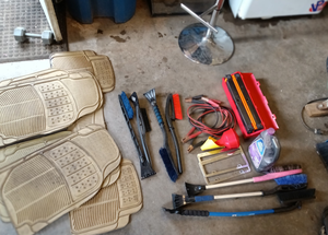 Emergency Roadside Items - Large Lot of Ice Scrapers, Safety Triangles, Jumper Cables, & Floor Mats, More...