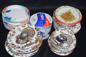 DAMAGED - Bulk Assorted Paper Plates, Napkins, Plastic Cutlery, Aluminum Foil and Wax Paper - Seasonal and Others