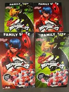 Lot of 4 Kelloggs Miraculous Strawberry Macaron Cereal Family Size
