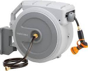 lot 51 image: Giraffe Tools Garden Retractable Hose Reel-58 in.-90 ft., Wall Mounted, Light Grey