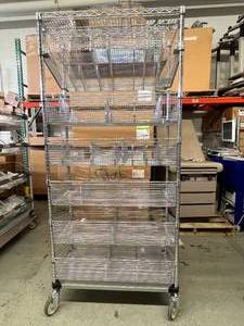 lot 5 image: MSRP $4000 High Quality Wanzl TSS&nbspSmartCell&nbspSteel Adjustable Medical Grade Nickel Chrome Finish Wire Cart Mobile Shelving Storage Rack Truck W6 Baskets (tons of separators) & 2 Shelves - NSF Approved -Like New Condition (80 x 36 x 18)