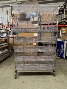 lot 6 image: MSRP $4500 High Quality Wanzl TSS&nbspSmartCell&nbspSteel Adjustable Medical Grade Nickel Chrome Finish Wire Cart Mobile Shelving Storage Rack Truck W6 Baskets (tons of separators) & 2 Shelves - NSF Approved -Like New Condition (80 x 48 x 18)