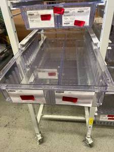 lot 7 image: MSRP $4000 DSI Direct High Density Hospital Grade OR Room Supply Cart 2-Column Shelf Adjustable Height Shelving Storage Rack With Slide Out Basket Trays & Locking Casters - Like New Condition 74.5 x 36.5 x 26.5