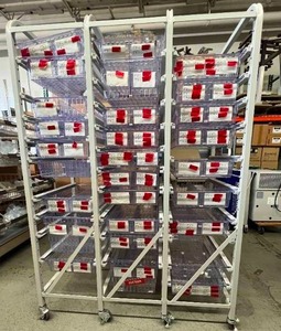 lot 9 image: MSRP $6000 DSI Direct High Density Hospital Grade OR Room&nbspSupply Cart&nbsp3-Column Shelf Adjustable Height Shelving Storage Rack With Slide Out Basket Trays & Locking Casters - Like New Condition&nbsp71.5 x 26.5 x 54 Missing 1 Wheel...