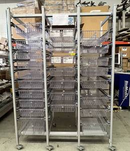 lot 10 image: MSRP $6000 DSI Direct High Density Hospital Grade OR Room&nbspSupply Cart&nbsp3-Column Shelf Adjustable Height Shelving Storage Rack With Slide Out Basket Trays & Locking Casters - Like New Condition -74 x 54 x 25