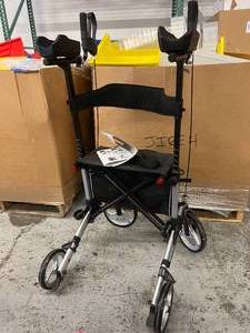 lot 20 image: Elenker Upright Walker Adjustable Stand Up Folding Rollater with Handle-Bar, Handgrip Break, Seat, Manual, Cane Holder & Storage Bag - In Like New Condition