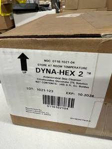 lot 32 image: MSRP $200 1 Case (48 each - 4 fl. oz. bottles) NEW Dyna-Hex 2 Chlorhexidine Gluconate 2% Solution Antimicrobial Surgical Scrub Skin Cleansers - Expiration 1024