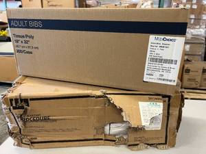 lot 44 image: 1 Case NEW MediChoice MBIB1001 18 x 32 TissuePoly Adult Bibs &&nbsp1 Case (1000 each)&nbspMedline NON27358 Non-Sterile Single-Use Fluid-Resistant Procedure Face Masks with Earloops (damaged box)