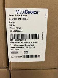 lot 45 image: 6 Cases (12 each per case) NEW MediChoice MC18804 21 x 125 ft. Non-Sterile Crepe Exam Table Papers - White - These Rolls Work Excellent As Tissue For Packing Items In A Box