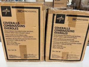 lot 50 image: MSRP $250  2 Cases (25 each per case) NEW Medline NONCV150XXXL Heavyweight Polypropylene Material Coveralls with Elastic Wrist and Straight Ankle - Size XXX-Large White