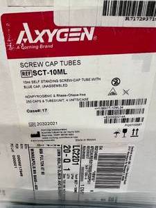 lot 63 image: 1 Case (1000 each) NEW Axygen SCT-10ML 10mL Non-Pyrogenic Self Standing Screw-Cap Tubes with Blue Cap (open box) 