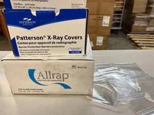 lot 72 image: NEW Patterson Dental 142-3748 X-Ray Covers (make great minnow bags too if you fish) open box and NEW Allrap Protective Barriers SNG150 45 x 56 Slip-N-Grip Chair Cover 