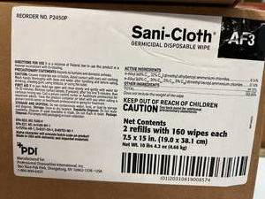 lot 89 image: MSRP $450  3 Cases (2 refills with 160 wipes each per case) NEW PDI Sani-Cloth AF3 7.5 x 15 Germicidal Disposable Extra Large Wipes Container Refills - Expiration 425 (damage to boxes) In Pouches No Container Included
