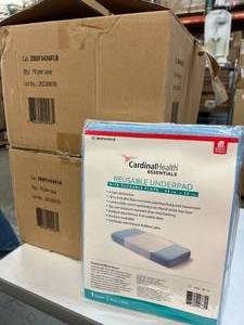 lot 90 image: MSRP $300  2 Cases (10 each per case) NEW Cardinal Health Essentials ZRUP3436FLR 34 x 36 4-Layer Protection Cotton Polyester Blend Reusable Underpad with Tuckable Flaps