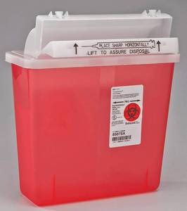 lot 34 image: 1 Case (20 each) NEW Covidien 8507SA 5 qt. SharpSafety Sharps Container with Counterbalance Lid - Transparent Red