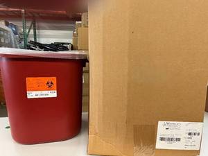 lot 85 image: MSRP $250 1 Case (10 each) NEW Medegen Medical Products 8705 8-Gallon Non-Sterile Single-Use Stackable Sharps-Tainer - Red - These Tubs Are Great For Other Projects