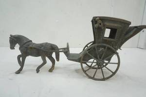 lot 71 image: Cast Metal Horse and Buggie 15.5 long and 6.5 tall