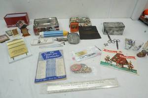 lot 214 image: Tins, Pencil sharpener, ash tray, small picture frames and shot glasses and more