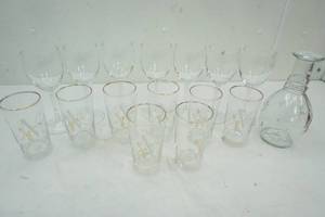 lot 239 image: 7 Stem Wine Glasses and 8 glass cups and liquor decanter