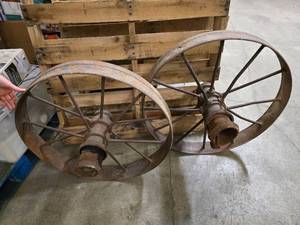 lot 8 image: pair of medium vintage 27 12 and 29 metal wagon wheels