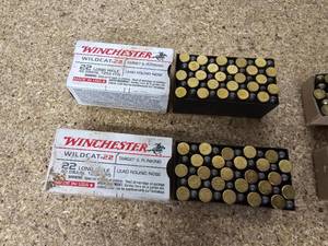lot 17 image: 2 boxes of Winchester Long Rifle bullets and 2 boxes of Remington 22 High Velocity cartridges