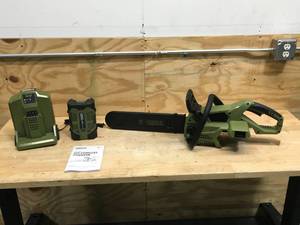 lot 20A image: New Green Machine 62V Brushless 16 in. Battery Chainsaw Auto-tensioning system, easy trigger start with 2.5 Ah Battery and Charger Model # GMCS6200