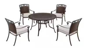 lot 3A image: HOME DECORATORS COLLECTION Wilshire Heights 5-Piece Cast and Woven Back All Aluminum Outdoor Dining Set with Acrylic Cushion in Sand Dune