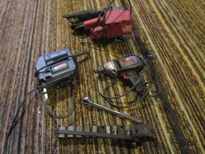 lot 55 image: Drill, Jigsaw, Sander, Ratchet & Sockets
