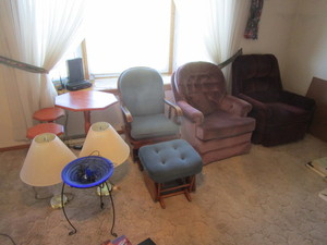 lot 79 image: (2) Recliners, Rocking Chair wOttoman, End Tables, (2) Lamps