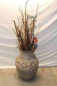 lot 2 image: Clay Elephant Motif Floor Floral Vase