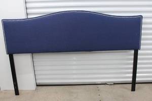 lot 41 image: King Blue Linen Headboard with Upholstery Studs