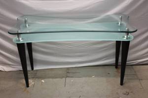 lot 47 image: Glass, Wood and Chrome Sofa Table